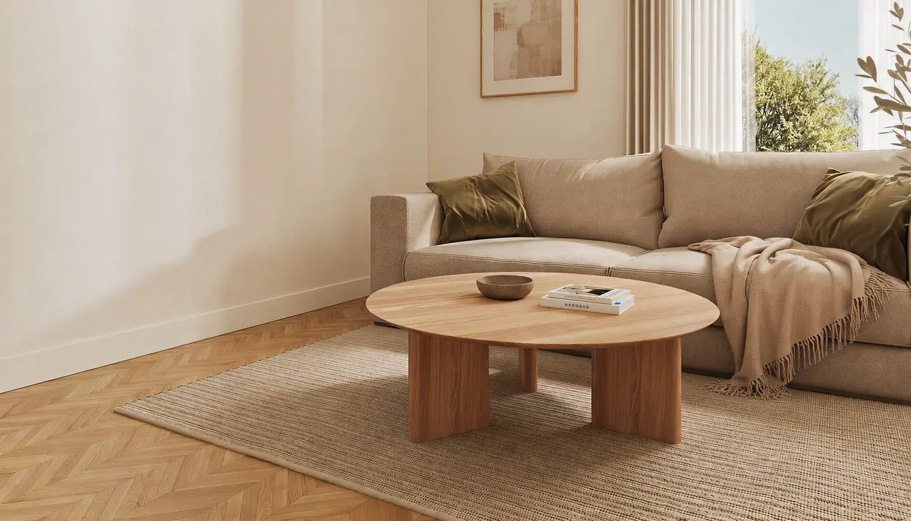 Couchtisch Niva aus massiver Eiche in Natur vor einem hellen Sofa