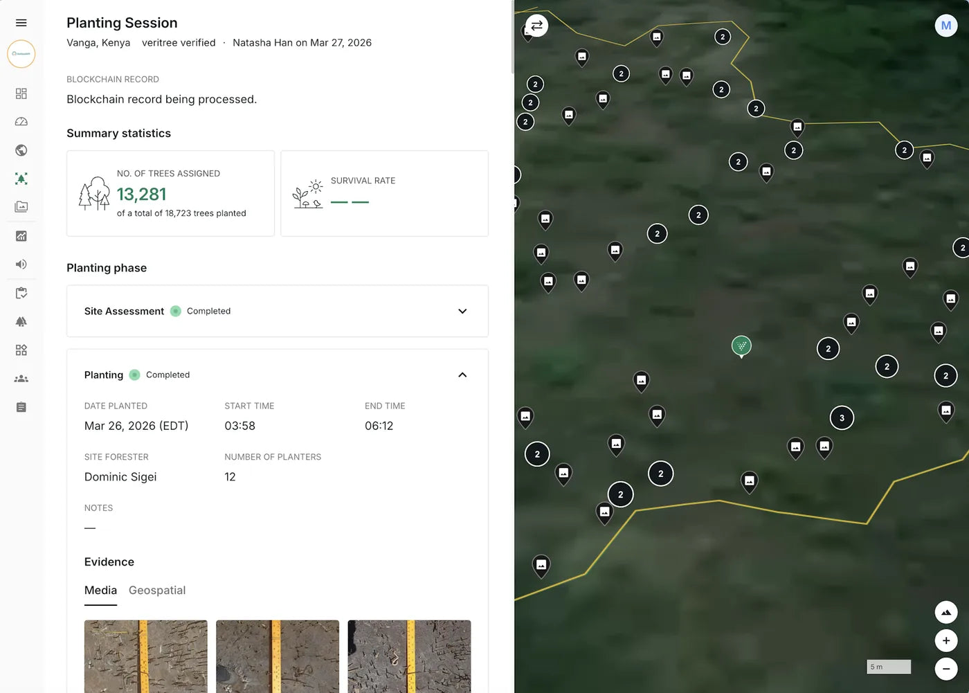Veritree-Ansicht einer Pflanzung mit GPS-Punkten an der Küste Kenias